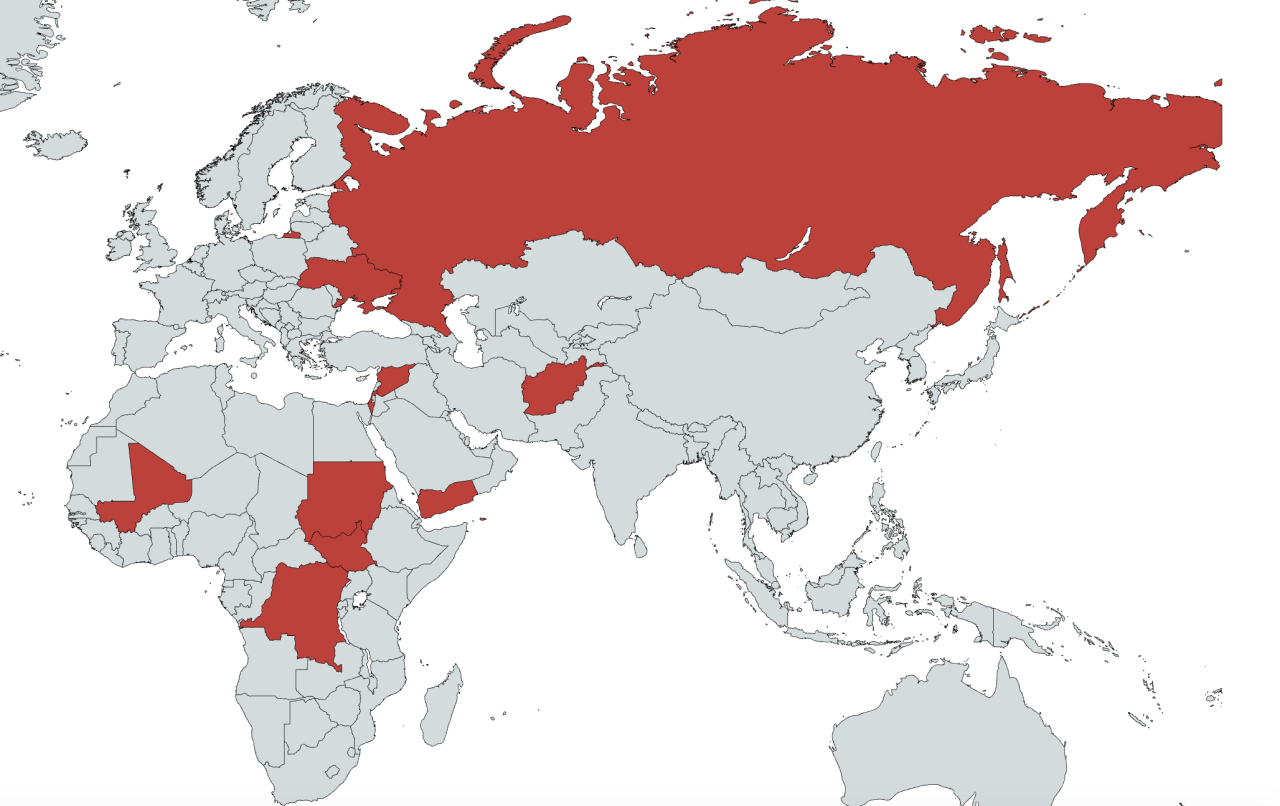 Map of the The Most Dangerous Countries in the World with 10 countries highlighted 